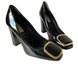 Michael Kors Made In Italy Black Patent Leather Gold Emblem Heels Pumps 6 1/2